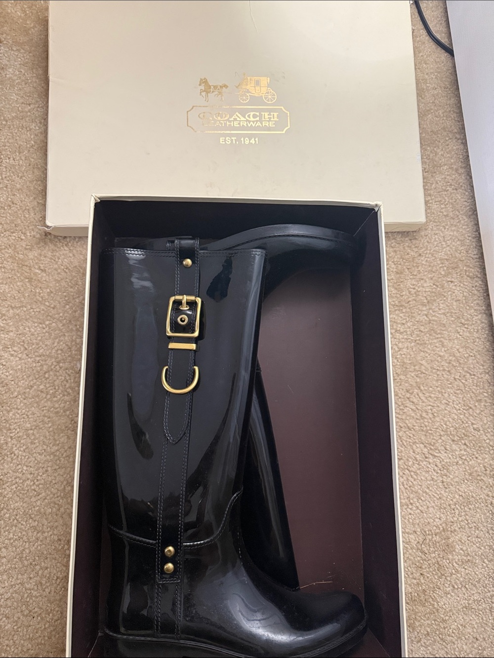 Coach women’s Black Patent Rain Boots with Gold Hardware
